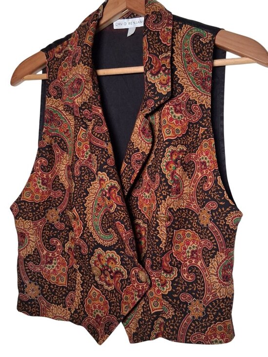 Vintage 90s David Benjamin Vest Women Small Paisley Double Breasted Gold Button - Picture 2 of 9
